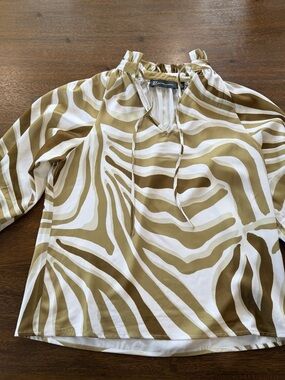 New York & Company Olive and White Abstract Tie-Neck Blouse